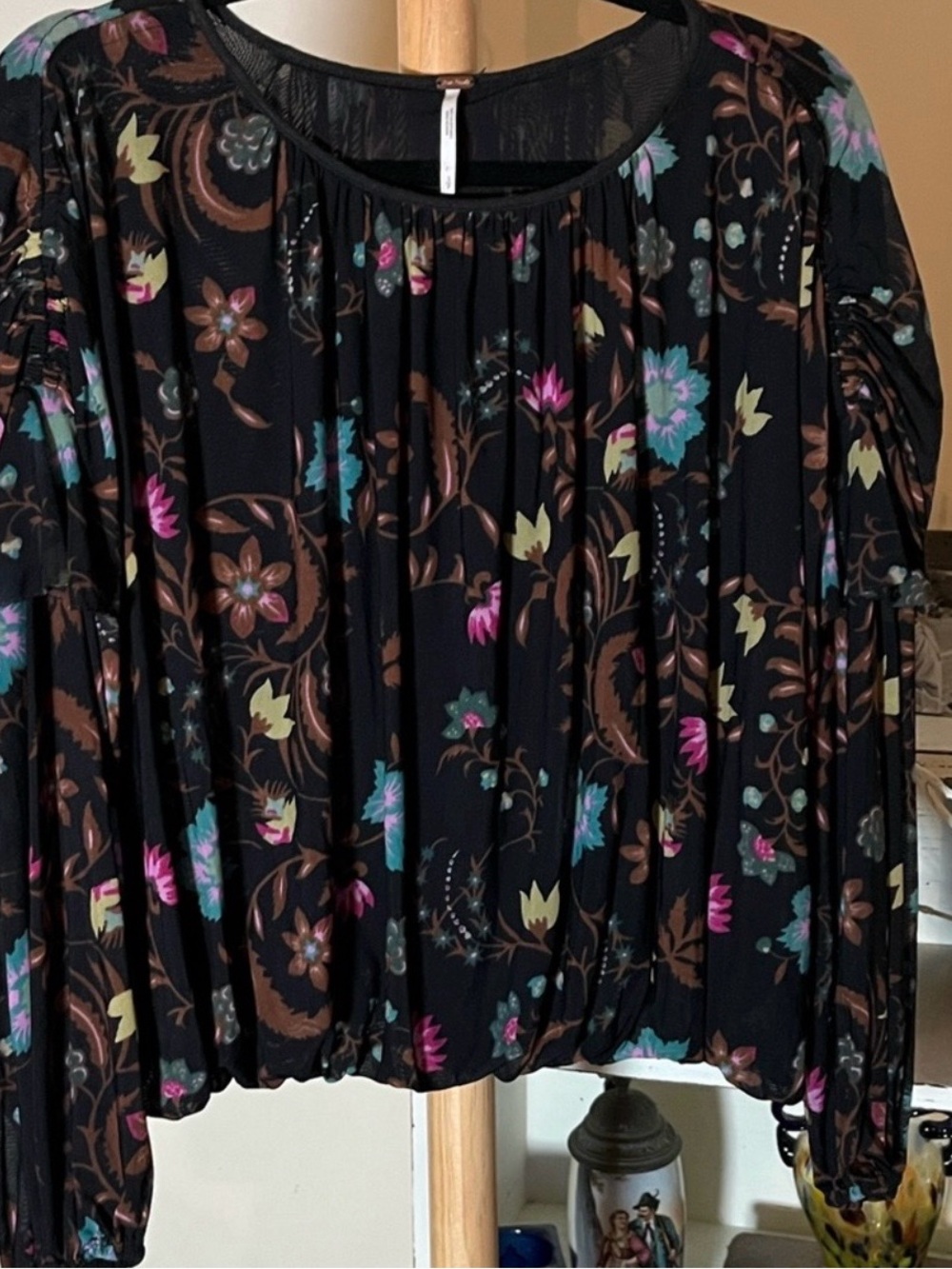 Free People- Floral Pleated Long-Sleeve Blouse - Black/Multi